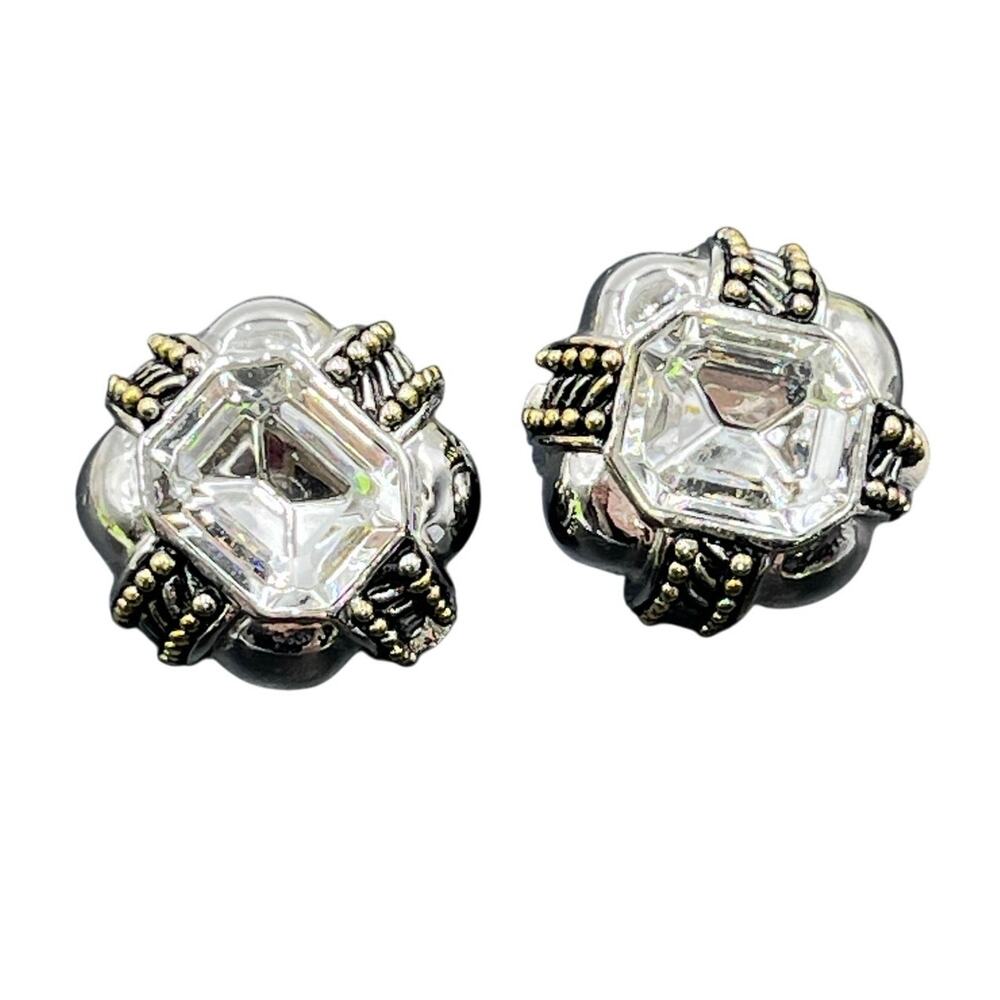 Vintage Silver Tone and Gold Tone Large Rhinestone Button Clip On Earrings